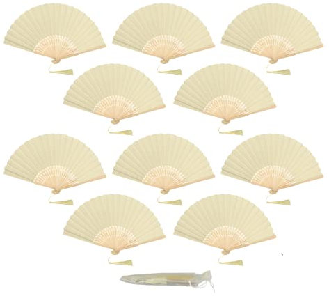 FANSOF.FANS Pack of 10 Paper Handheld Folding Fan with a Tassel and Grade A Bamboo Ribs for Women Girls Summer Party Favour Birthday Wedding Gift (Ivory)