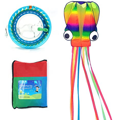 9KM DWLIFE Huge Rainbow Soft Octopus Kite 5M,Large Rainbow Kite with Reel Winder with Long Colorful Tail,Easy to Fly,Suitable for Outdoor Garden Lawn Trips
