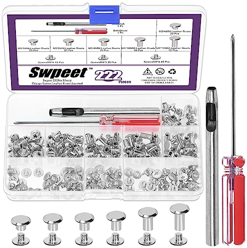 Swpeet M5 Chicago Screws 110 Set 6 Sizes 6-Größen M5 x 4mm/5mm/6mm/8mm/10mm/12mm Silber Leder Nieten Chicago Bindungsschrauben mit Installationswerkzeugen Sortiment Kit, Schraubennieten