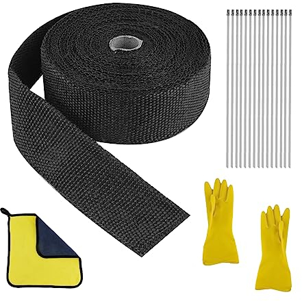 15M Hitzeschutzband auspuff für Auto Motorrad, AolKee Auspuffband, Auspuff hitzeschutzband, Motorrad auspuff mit 12-rostfreien Krawatten, Auto Reinigungstücher +Handschuhe, schwarza