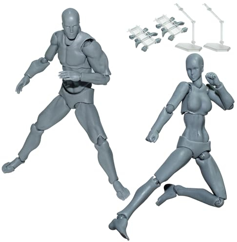 AXXHOTHO Schaufensterpuppe Gliederpuppe, Body Actionfigur Künstler, Actionfiguren PVC-Menschenpuppe Modell mit Ständer Flexible Manikin Puppe Klein mit Gelenken Weiblich + Männlich, Grau