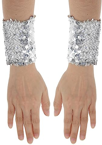 MSemis 1 Paar Damen Glänzende Pailletten Handschuhe kurz Fingerlose Armstulpen Abnehmbarer Wrist Stulpen Stretchy Manschetten Performance Cosplay Kostüm Silber Einheitsgröße