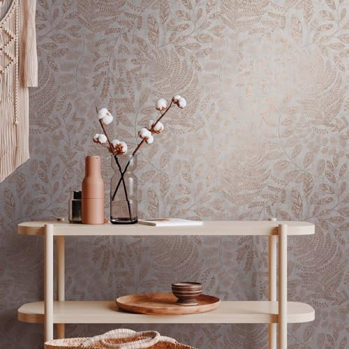 K&L Wall Art Glänzende Blumentapete Silber Gold Vliestapete florale Bilder Wohnzimmer Dschungeltapete inkl. Tapezier-Ratgeber (Grau, Rosé)
