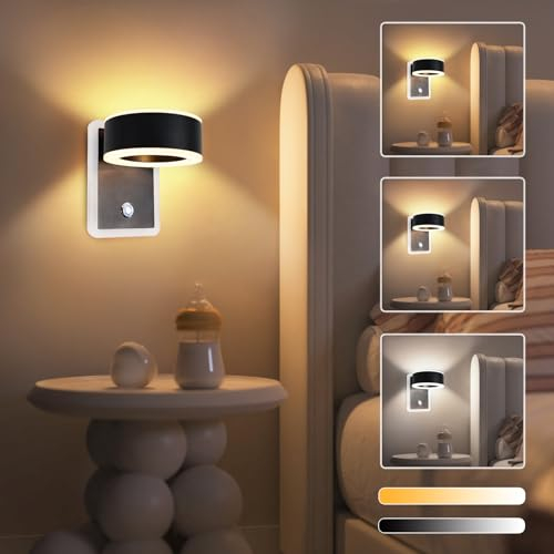 URing LED Wandleuchte Innen Wandlampe - Flurlampe LED Wandlicht mit Schalter Stufenloses Dimmbar 350° Drehbare Ring Touch Control 3 Farbmodi Modern Design für Wohnzimmer Schlafzimmer, Schwarz UR376
