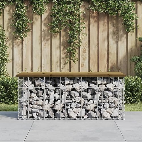 Festnight Gabionenbank Gartenbank Gabionen Bank Sitzbank Parkbank Gabione Steinkorb Gabionen-Gartenbank mit Lehne - Garten-Bank mit Sitzfläche aus imprägniertes-Holz - 103 x 44 x 42 cm