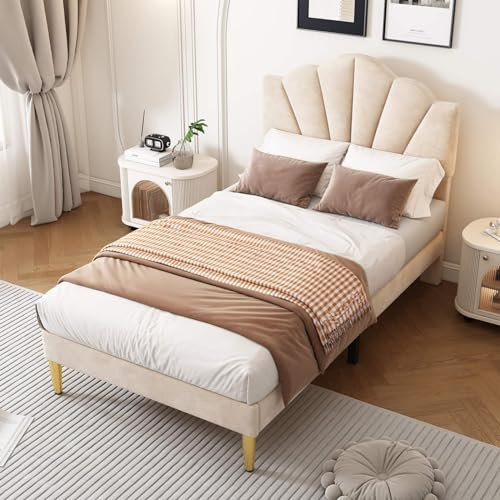 KOMHTOM Gepolstertes Bett, Plattform, mit Kopfteil, Bettrahmen mit Lattenrost aus Holz, Modernität, Schlafzimmer (ohne Matratze) (Beige, 90 x 200 cm)
