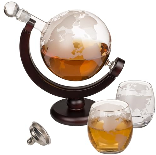 MIJOMA Getränkespender Weltkugel - 850ml Dekanter & 2x 300ml Gläser - Whiskey Karaffe Globus - Holz & Glas - Minitrichter Edelstahl - Weltkarten-Design - Luftdichter Verschluss - Aromaschutz