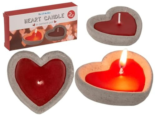 BLUECHOLON Rote Herzkerze im Zementglas, Set mit 2 Kerzen, Dekorative Kerzen mit Herzen, Rot, Unparfümiert