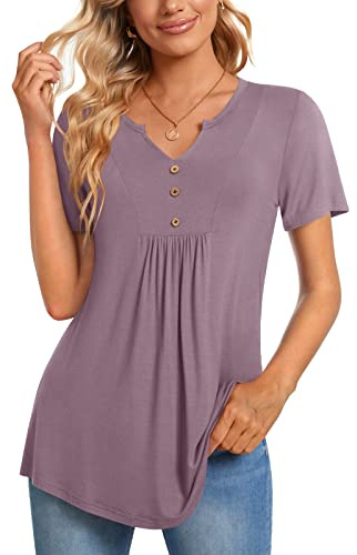 CATHY Womens Short Sleeve Tunic Tops Casual V-Neck Button Blouse Henley Shirts Summer Pleated Pullover, M, Bean Paste Red