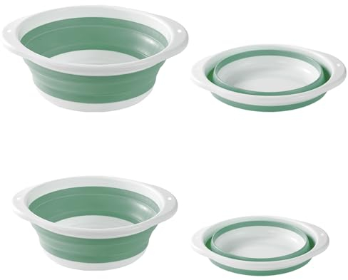 2 cuencos plegables de 2 tamaños para lavar las manos, retráctil, portátil, para viajes al aire libre, camping, hogar, fregadero de cocina, ahorro de espacio (verde blanco)