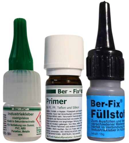 Ber-Fix Schweißnaht-Set XS Primer & Füllstoff für Kunststoff, PVC, ABS, GFK, Metall, PE, PP, Silikon 5g Kleber + 15g Granulat Schwarz schwarz, 5ml Primer