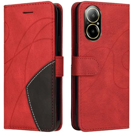 XINNI Housse pour Telephone Realme C67 4G Etui, PU/TPU Rétro Retourner Cuir Coque Magnétique Anti Chute Portefeuille Protection Case Cover, Rouge