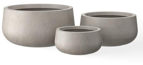Kante Runde Beton-Pflanzgefäße mit Ablaufloch und Gummistopfen, 49,8 cm, 30 cm Durchmesser, 30 cm Durchmesser, 3 Stück, für den Innen- und Außenbereich, modernes geschwungenes Design, verwitterter