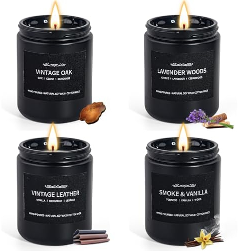 Duftkerzen für Männer, Duftkerzenset Sojawachskerzen für Zuhause Ihn, 4er Pack Herrenduftkerzen Vatertagsgeschenke Geschenke für Männer Düfte von Leder/Eiche/Lavendelholz/Rauchige Vanille
