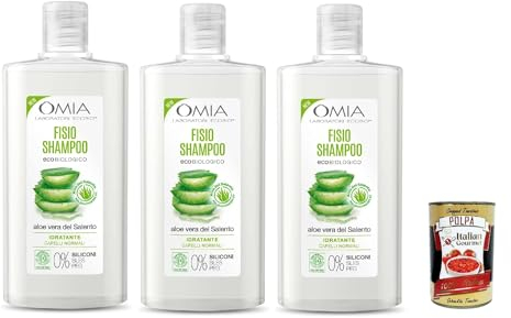 Omia, Fisio Eco Bio Shampoo, Mit Aloe Vera, für normale Haare, Feuchtigkeit und Balancing, geeignet für häufige Verwendung, ohne Silikone, 3x 200 ml + Italian Gourmet polpa 400g