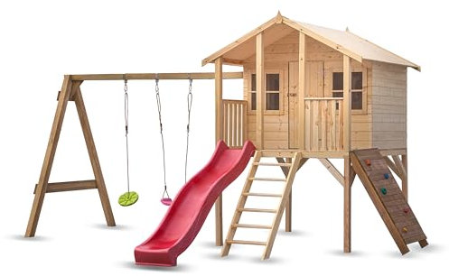 Wood&Play Casetta per bambini Borys - Facile montaggio fai da te - Struttura robusta e durevole - Legno - Materiale innocuo e rinnovabile - 425 x 300 cm + scivolo, altalena e parete da arrampicata