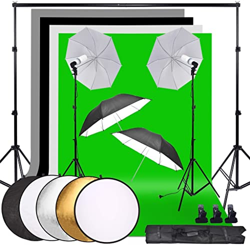 Studioschirm-Fotobeleuchtungs-Hintergrund-Set + 4 Hintergründe + 2 Regenschirme + 2 * 135 W Glühbirnen + Reflektor + Hintergrundständer (Farbe: Grün)