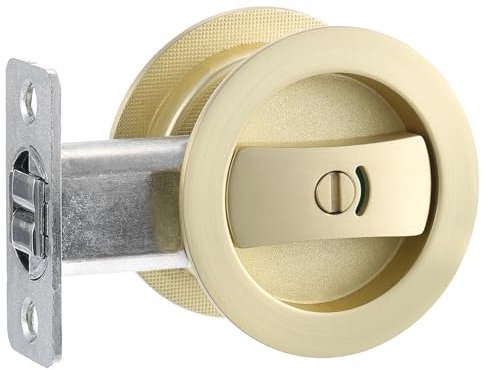 PATIKIL Round Recessed Door Lock with Color Coded Indicators, Pocket Door Lock 2 3/8 Backset Hardware for 1 3/8 to 2 3/16 Thickness Door for Privacy Pocket Door, Gold