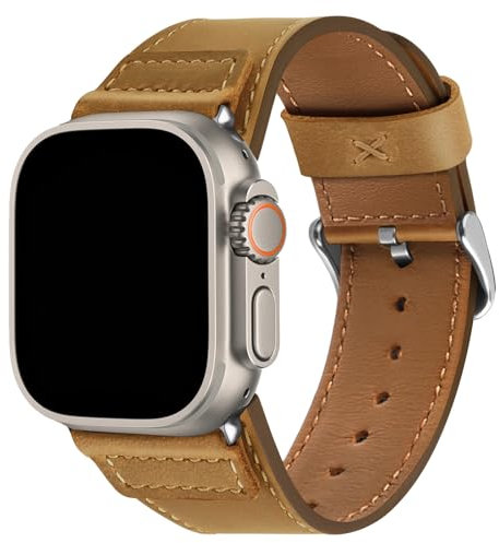 Wristitani Leather Strap Compatible With Apple Watch Straps 44mm 45mm 46mm 49mm for Men, Replacement Band for iWatch Ultra2 Ultra Series 10 9 8 7 SE2 SE 6 5 4 3 2 1,Brown/Silver Buckle