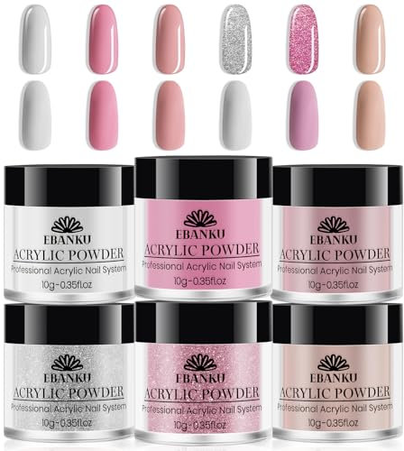 EBANKU Pink Acrylic Powder Set, 6 Colors Crystal Professional White Red Glitter Acrylic Nail Powder for Nail Acrylic Extension, Nail Carving, Long-Lasting, No Nail Lamp Needed