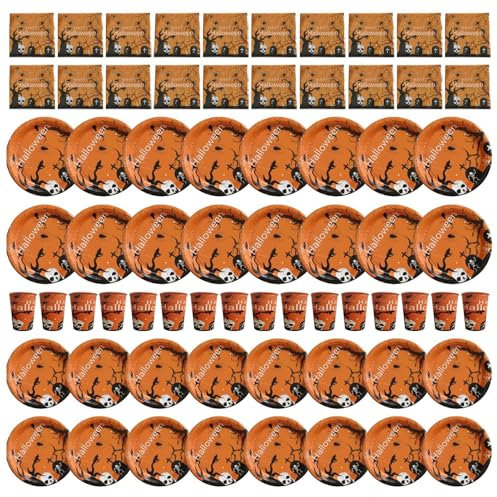 Zuasdvnk Vajilla de Halloween,Juego de vajilla de Halloween - Platos de papel para fiesta de Halloween - Decoraciones para fiestas de Halloween, platos, vasos y servilletas de papel de Halloween para