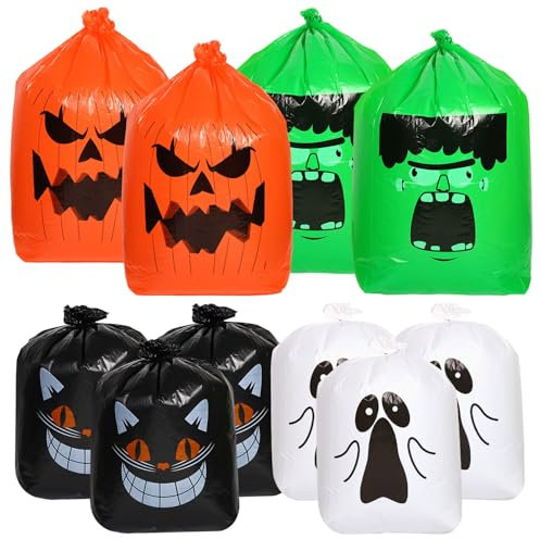 10pcs Sacs de Feuilles d'Halloween, Sacs Poubelles d'Halloween en Plastique Citrouille Chat Noir Fantôme Sacs de Feuilles d'Halloween avec Attaches Torsadées pour Jardin Pelouse