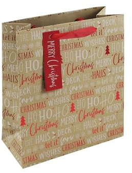 Eurowrap Brown Kraft Paper Christmas D'eck the Halls' Design Gift Bag with Gift Tag - Medium - Eco Friendly Fully Recyclable - Gift Bag for Christmas, Gift Wrap, Xmas, Festive Gift Bag