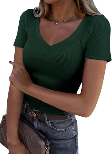 TrendiMax Damen T-Shirt Gerippt Elegant Oberteile Slim Fit Basic Tee Shirts V Ausschnitt Kurzarm Sommer Tshirt Casual Bluse Tops