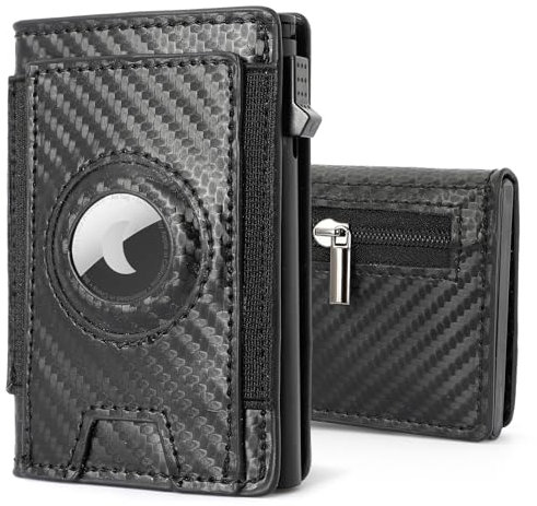 Airtag Portmonee Herren – Slim Smart Wallet mit Münzfach & RFID-Schutz, Kleine Geldbörse aus Leder mit Magnetverschluss, Kartenetui für 7 Kreditkarten und Ausweise, Wallets for Men – Schwarz Carbon