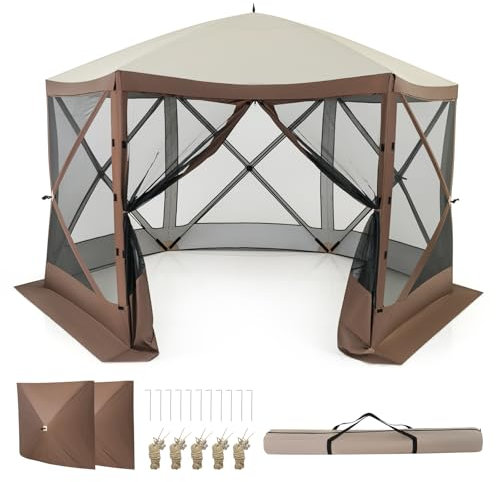 RELAX4LIFE Tonnelle Pliante Pop-Up avec Moustiquaire, Tonnelle de Jardin Extérieur Hexagonale, 2 Parois Occultants Amovibles, Barnum Pliant pour 8-10 Personnes, Sac de Transport, Montage Facile