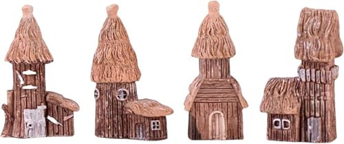 Haohaiblooms 4-teiliges Miniatur-Baumhaus-Set – Vintage-Feengarten-Dekoration, DIY-Haus-Ornamente für Mikro-Landschaft, Heimdekoration, Zubehör für Feengarten, Outdoor- und Desktop-Dekor