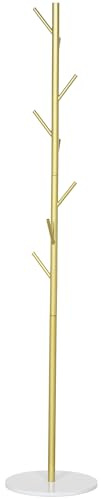 HOMCOM Portemanteau portant à vêtements, 8 patères, base ronde en marbre, meuble d'entrée pour chapeaux, vêtements, Ø 32 x 164 cm, doré