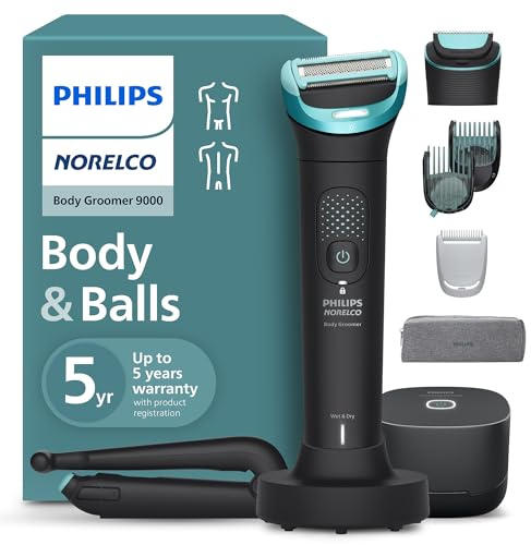 Philips Norelco Body Groomer 9000 Series, Body Hair Trimmer for Men & Intimate Shaver System with UV Cube Cleaner & Adjustable Back Attachment, 100% Showerproof, BG9480/50