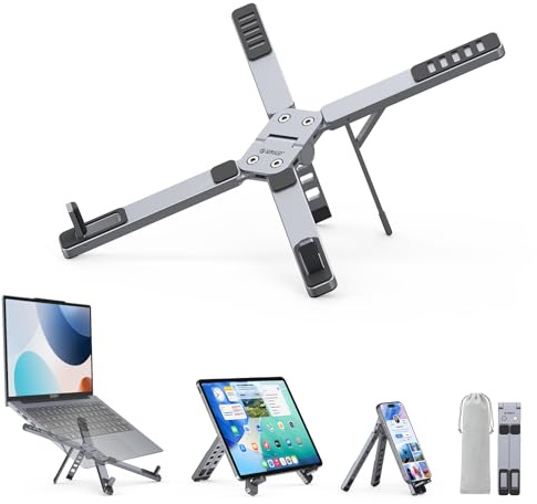 ORICO Tragbarer Laptop Ständer für Schreibtisch & Reise, Faltbarer Aluminium 3-in-1 Halterung für Laptop, Tablet & Handy, 5 Verstellbare Höhen, für MacBook/HP/Dell/iPad/iPhone bis zu 17– PN1, Grau
