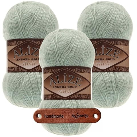 ALIZE Angora Gold Simli 515 Green Almond Premium Wolle 3 x 100g Glitzerwolle für Tücher Schals und Accessoires weich leicht elegant für Herbst und Winter mit mySearose Label