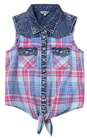 Bienzoe Girls Crop Tank Tops: Cowgirl Plaid Sleeveless Button Down Western Casual Blouse Red 12
