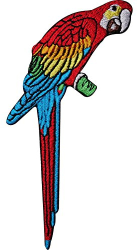 Papagei bestickter Aufnäher zum Aufbügeln oder Aufnähen, für Kleidung, Tasche, Haustier, Aras, Vogel auf Sitzstange