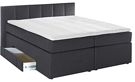 Furniture for Friends Doluna Boxspringbett Valina 140x200cm Anthrazit H3 Kopfteilhöhe 90 cm ideal für Dachschrägen + Bettkasten für Stauraum, 7-Zonen Taschenfederkern-Matratze inkl. Visko-Topper