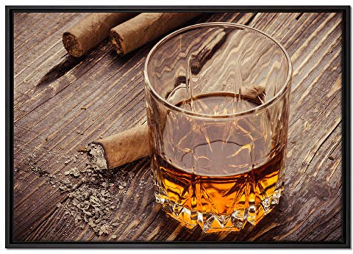 Pixxprint Whisky mit Zigarre Leinwandbild 100x70 cm im Bilderahmen, Wandbild, Schattenfugenrahmen, Kein Poster