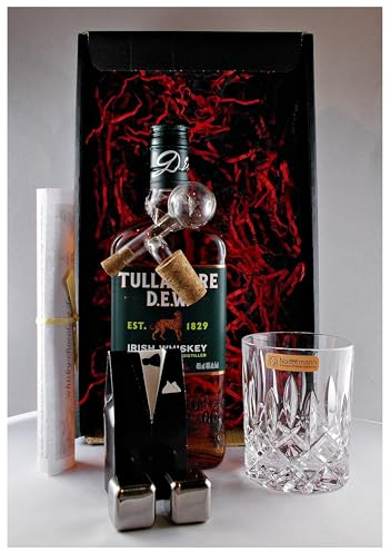 Geschenk Tullamore Dew irischer Whiskey + Glaskugelportionierer + Glas + 2 Whisky Kühlsteine