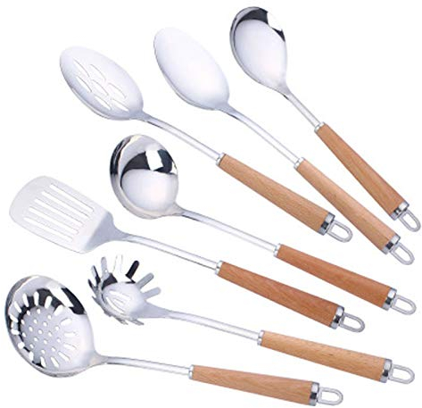 Utensili da cucina,Set di 7 Set di utensili da cucina utensili da cucina in acciaio inox,include: spatola,schiumaiola,cucchiaio,paletta e mestolo Utensili da cucina,Termoresistenti con Manico Legno
