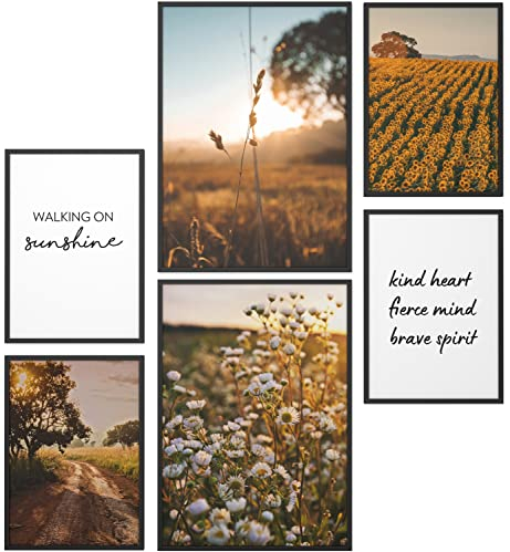 Papierschmiede® Mood Poster Set Fields of Gold, Bilder Wohnzimmer Deko Schlafzimmer, 2x 30x40 cm und 4x 21x30 cm, Sonnenblumen Blüten Feldweg Sepia - Wandposter ohne Rahmen
