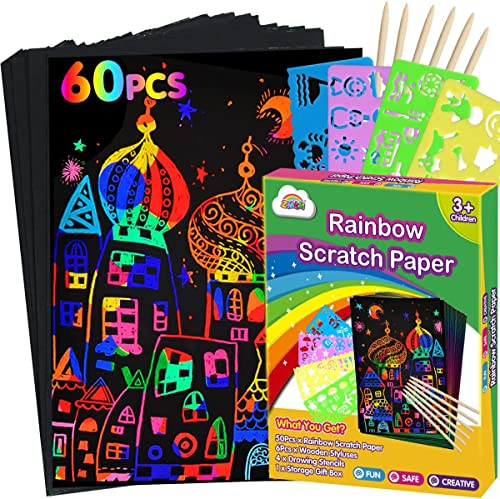 ZMLM Kratzbilder für Kinder, 60pcs Regenbogen Kratzpapier Zeichnungs-Art Handwerk Schwarz Abkratzen Papier Kit Kratzpapier Kleinkind Vorschul Learning Geschenke für Age 3 4 5 6 7 8 9 10 Kinder