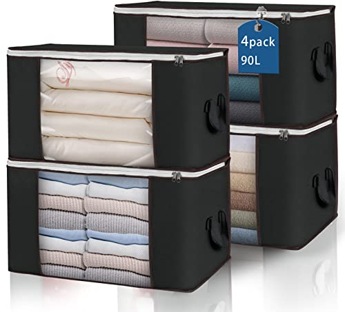 Budding Joy 4 Stück 90L Aufbewahrungstasche, Aufbewahrungsbox mit Deckel Große, Kleider Aufbewahrung Umzugskartons, Faltbare Unterbett Kleiderschrank für Kleidung Bettdecken und Bettwäsche, Schwarz