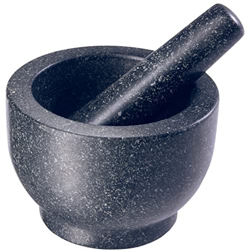 GOURMEO Mörser mit Stößel - Set in Groß aus Massivem Granit Stein - 7 cm Tiefer Mörser mit Aufgerauter Innenseite und Polierter Außenseite - Extra Langer Stößel