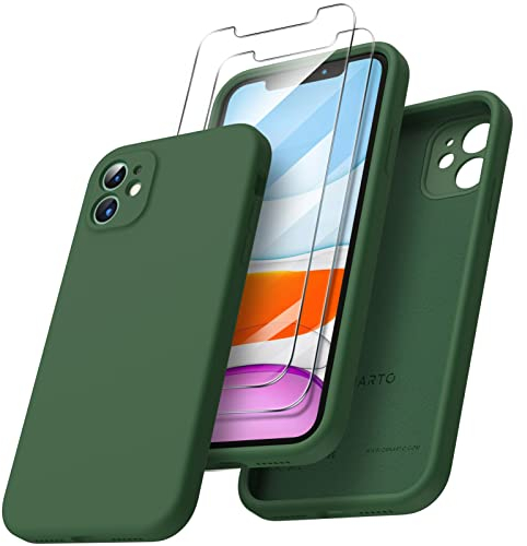 ORNARTO Compatible with iPhone 11 Case 6.1 inch, with 2 Screen Protector Liquid Silicone Gel Rubber Cover [Square Edge] [Full Body] Shockproof Protective Phone Case for iPhone 11-Clover Green