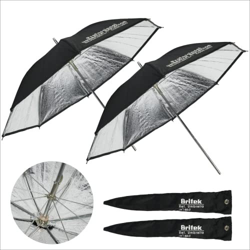 BRITEK Professioneller Studio-Regenschirm mit Hülle, 60 cm, Schwarz + Silber, Reflektor, Fotografie-Regenschirm mit Hülle, Metallteile für Hochformat, Video, Blitz, Fotos, 2 Stück