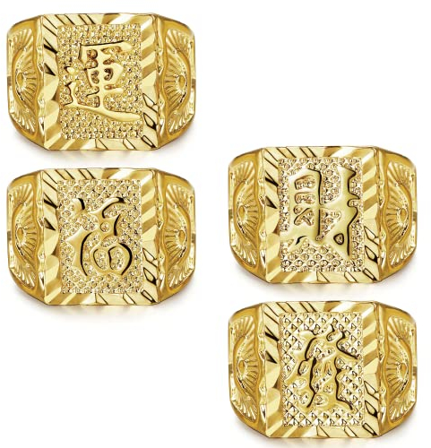 Milacolato 4Stk Herren Ring Vergoldeter Trauring Kanji Ringe Reich/Glück/Reichtum Ring Set Halloween Gold Klobige Ringe Verstellbar