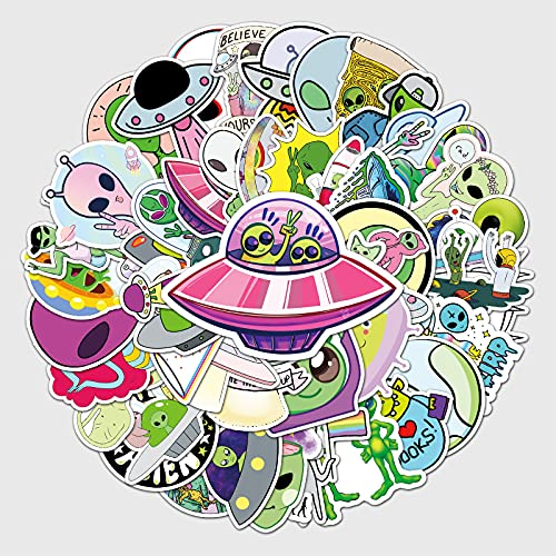 LYLSDSB Alien-Aufkleber, 50 Stück, Weltraum-UFO-Aufkleber für Laptop, Skateboard, Auto, Fahrrad, Wasserflasche, Hydroflasche, coole Cartoon, wasserdichte Aufkleber für Kinder und Jugendliche