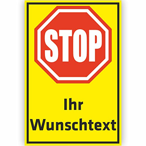 INDIGOS UG - WUNSCHTEXT Schild - 20x15cm gelb - Aufkleber - STOP - HALT - personalisiert Text - Straßenschild - Namensschild - Hausnummer - Garage, Hotel, Parkplatz, Schule, Carport Firma individuell